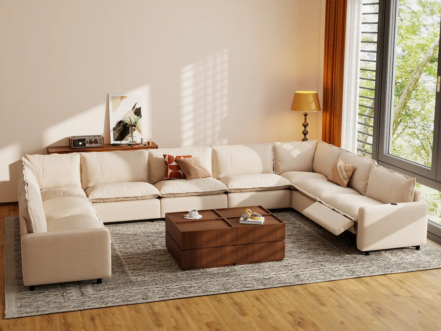Modular Cero Reclining Sectionals | 9-Piece Beige Linen Open Space U-Shaped Sectionals 9-Seater