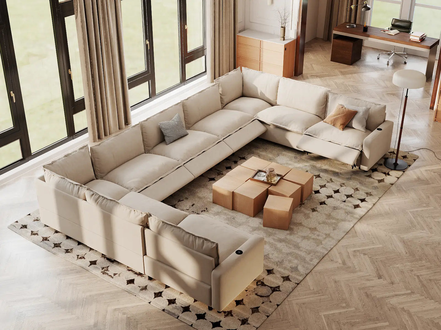 Modular Cero Reclining Sectionals | 9-Piece Beige Linen Open Space U-Shaped Sectionals 9-Seater