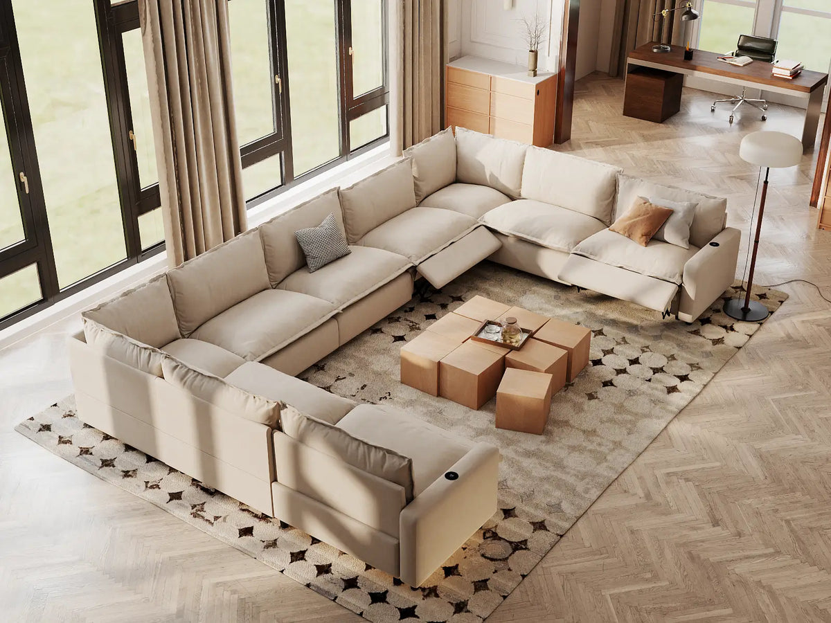 Modular Cero Reclining Sectionals | 9-Piece Beige Linen Open Space U-Shaped Sectionals 9-Seater