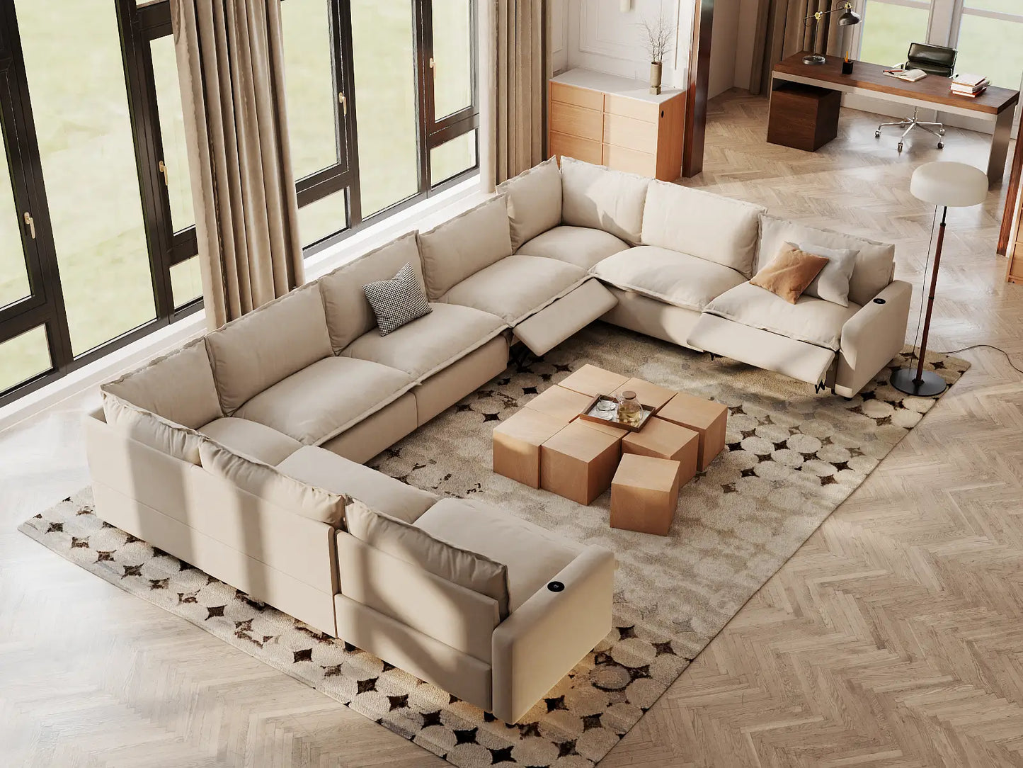 Modular Cero Reclining Sectionals | 9-Piece Beige Linen Open Space U-Shaped Sectionals 9-Seater