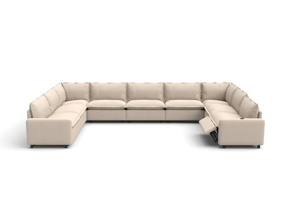 Modular Cero Reclining Sectionals | 9-Piece Beige Linen Open Space U-Shaped Sectionals 9-Seater