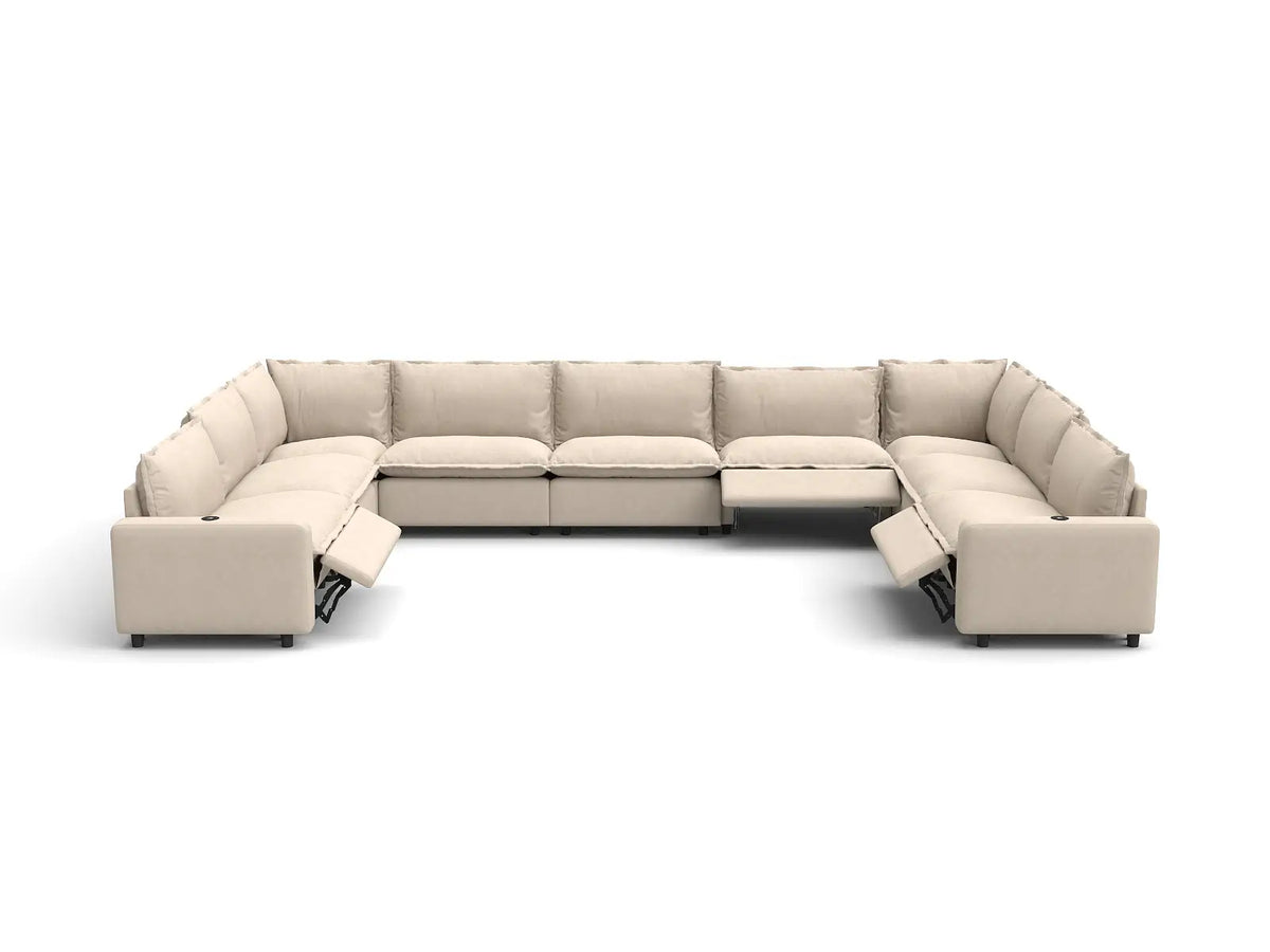 Modular Cero Reclining Sectionals | 9-Piece Beige Linen Open Space U-Shaped Sectionals 9-Seater