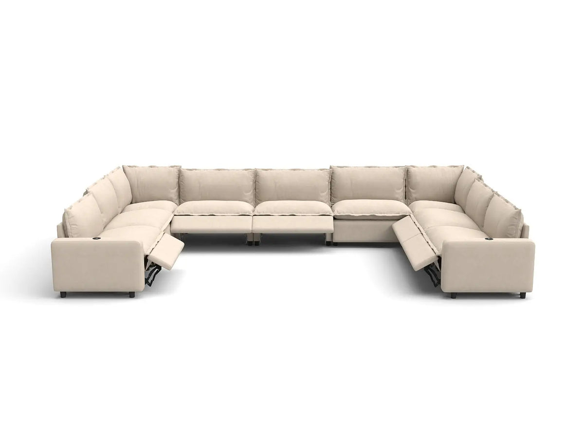 Modular Cero Reclining Sectionals | 9-Piece Beige Linen Open Space U-Shaped Sectionals 9-Seater