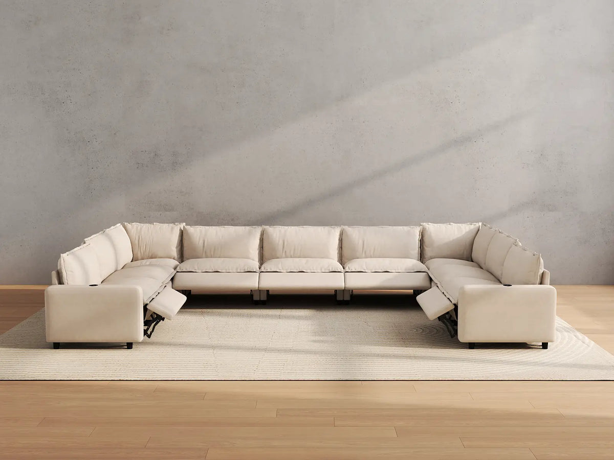 Modular Cero Reclining Sectionals | 9-Piece Beige Linen Open Space U-Shaped Sectionals 9-Seater