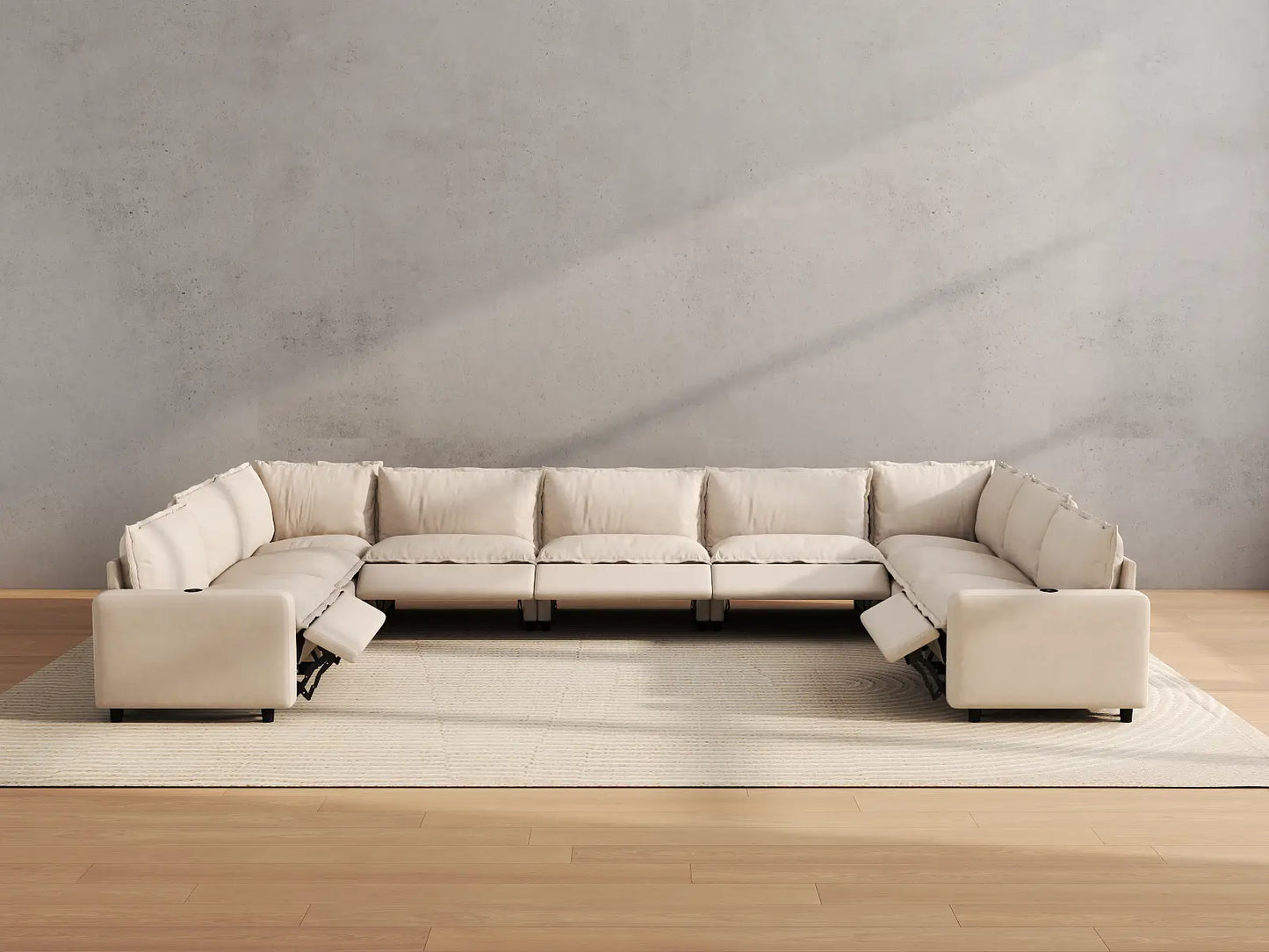 Modular Cero Reclining Sectionals | 9-Piece Beige Linen Open Space U-Shaped Sectionals 9-Seater
