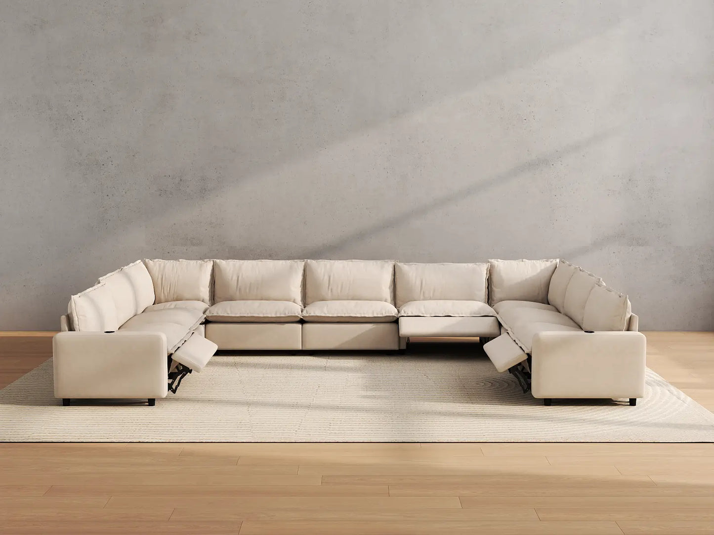 Modular Cero Reclining Sectionals | 9-Piece Beige Linen Open Space U-Shaped Sectionals 9-Seater