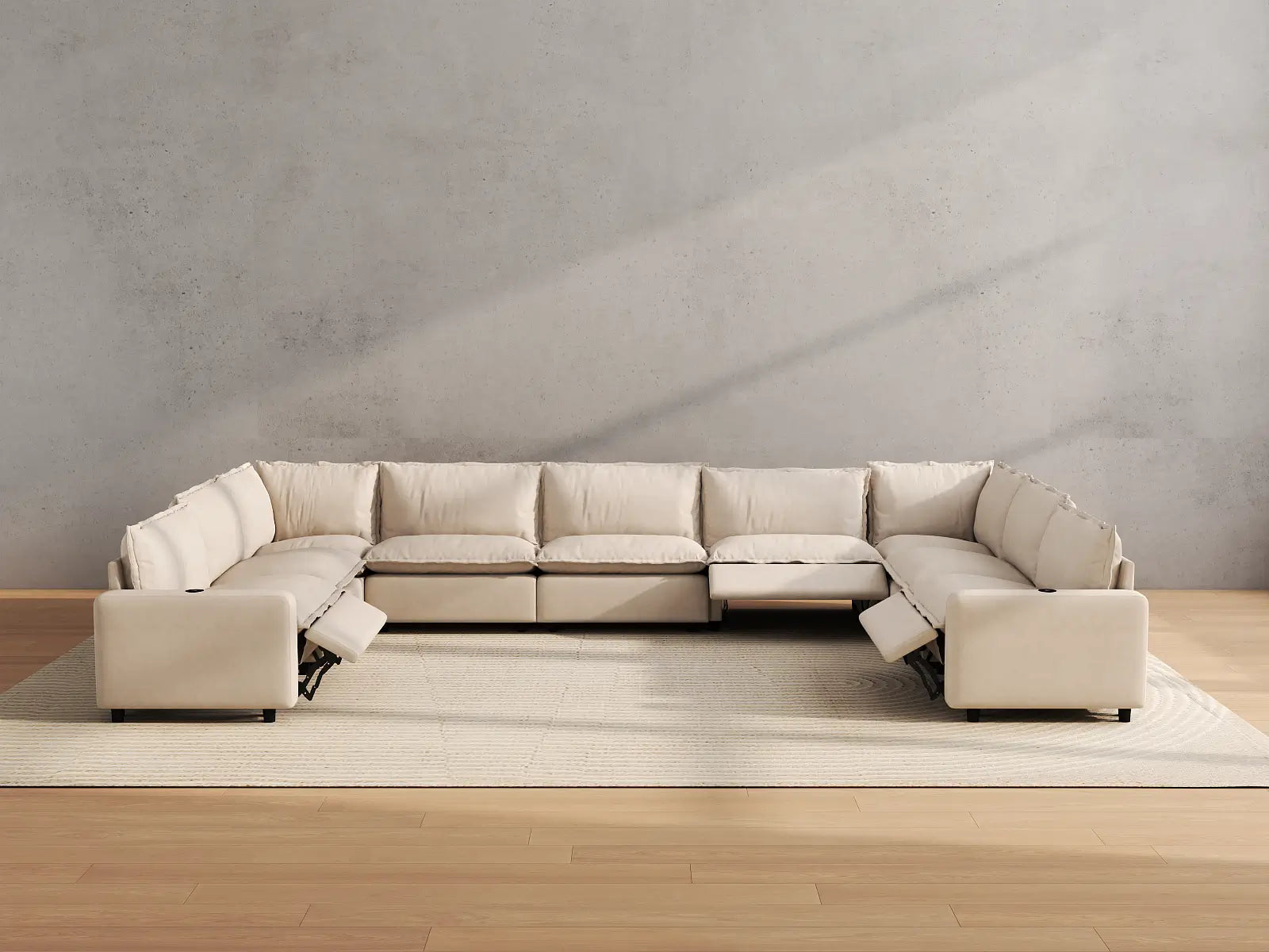 Modular Cero Oversized Sectional Couch with Recliner | 9-Piece Beige Linen Open Space U-Shaped Sectionals 9-Seater