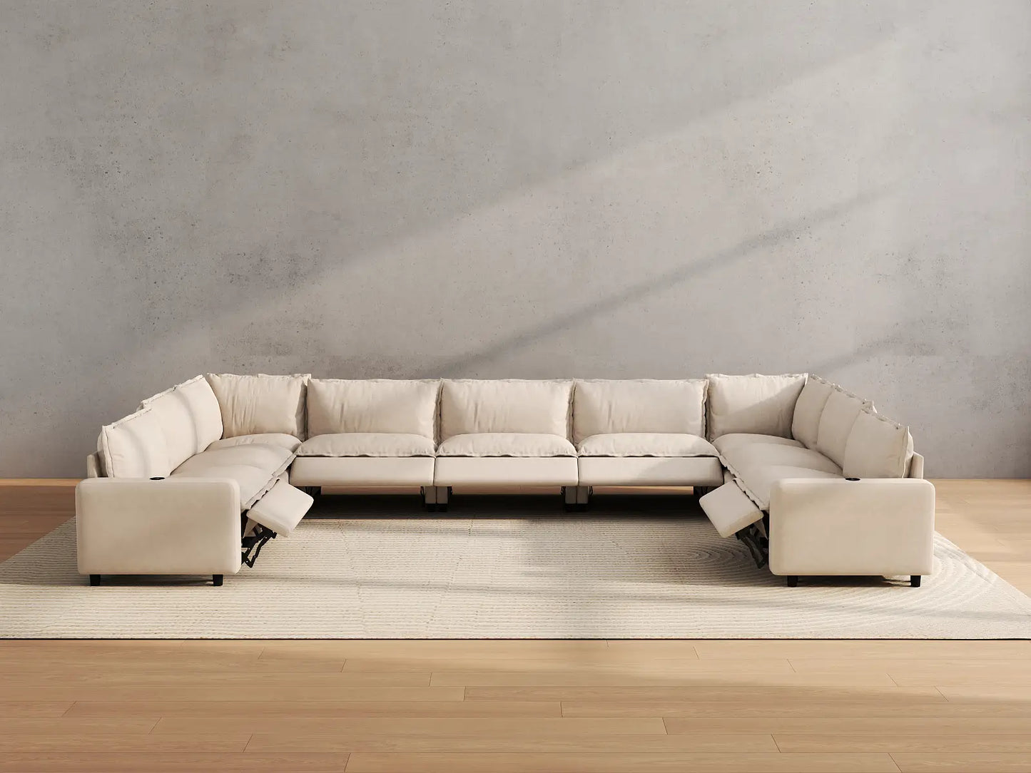 Modular Cero Reclining Sectionals | 9-Piece Beige Linen Open Space U-Shaped Sectionals 9-Seater
