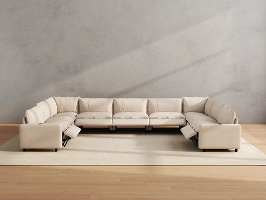 Modular Cero Reclining Sectionals | 9-Piece Beige Linen Open Space U-Shaped Sectionals 9-Seater
