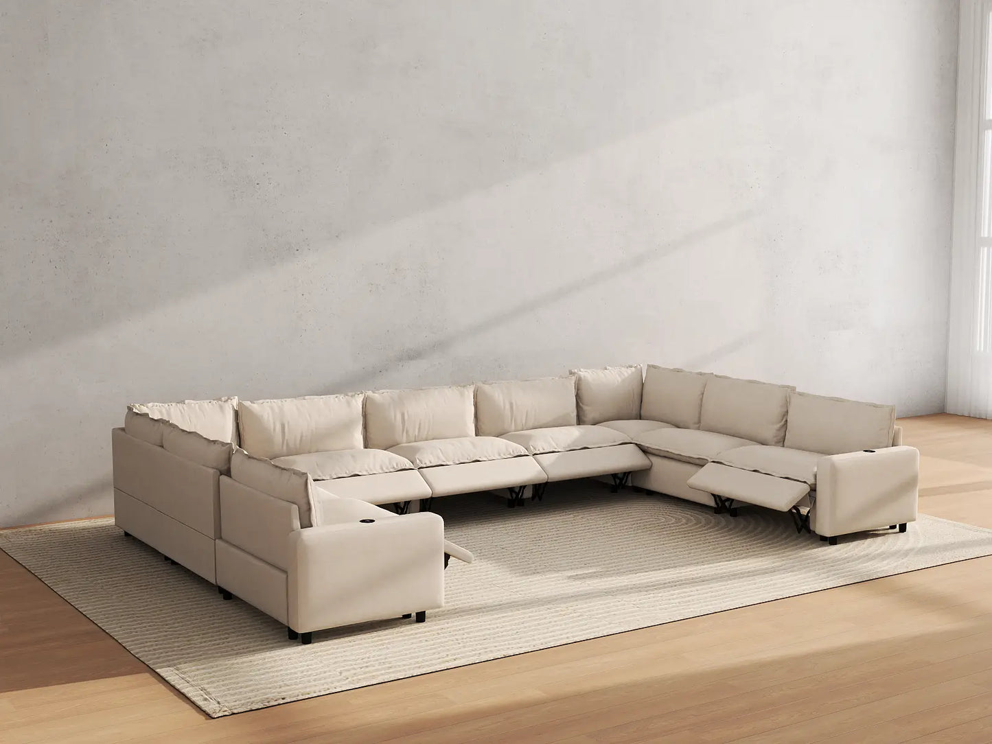 Modular Cero Reclining Sectionals | 9-Piece Beige Linen Open Space U-Shaped Sectionals 9-Seater