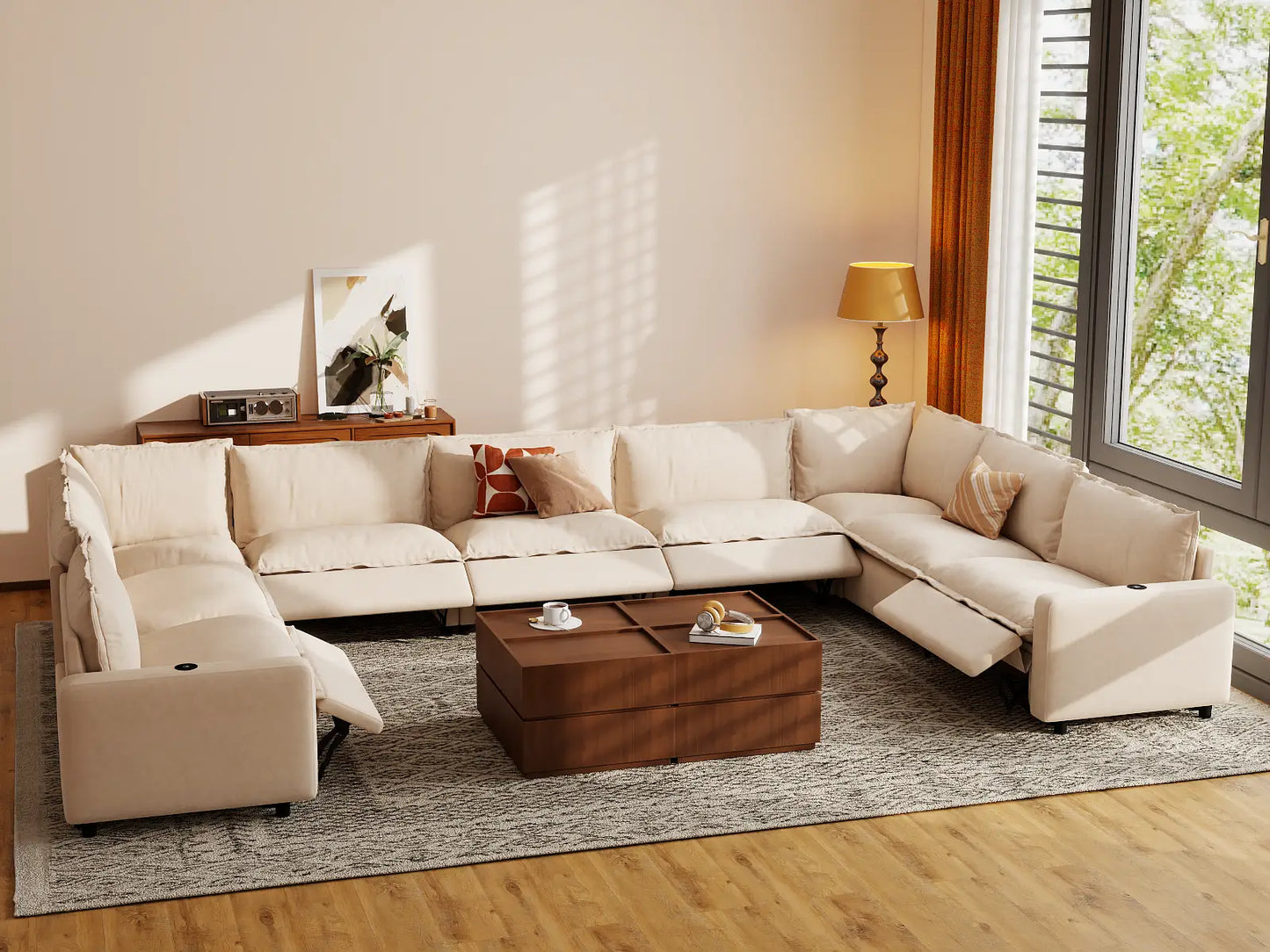 Modular Cero Reclining Sectionals | 9-Piece Beige Linen Open Space U-Shaped Sectionals 9-Seater
