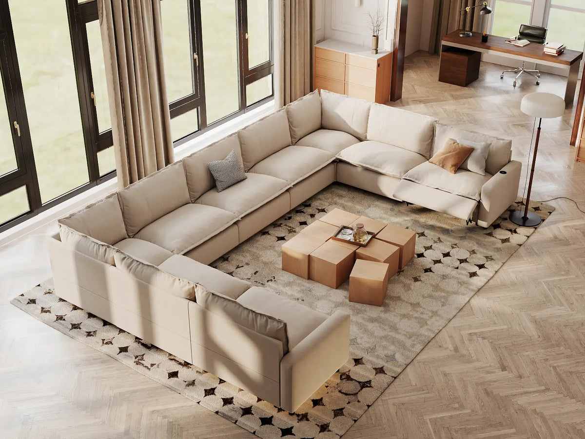 Modular Cero Reclining Sectionals | 9-Piece Beige Linen Open Space U-Shaped Sectionals 9-Seater