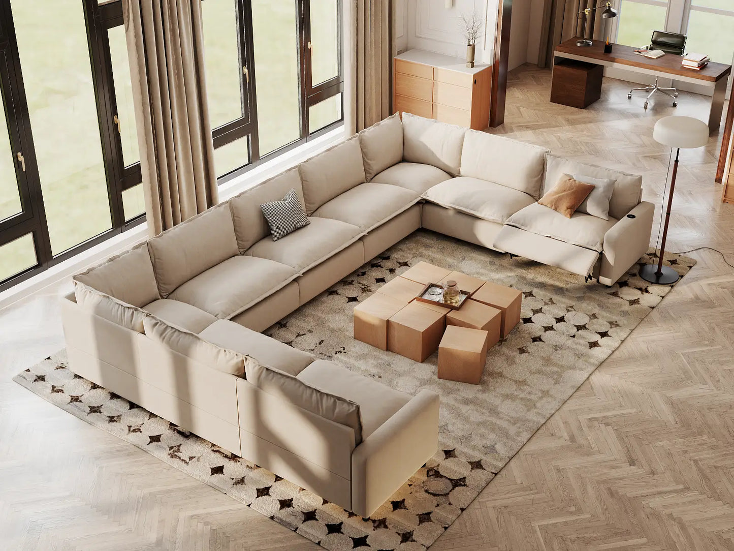Modular Cero Reclining Sectionals | 9-Piece Beige Linen Open Space U-Shaped Sectionals 9-Seater