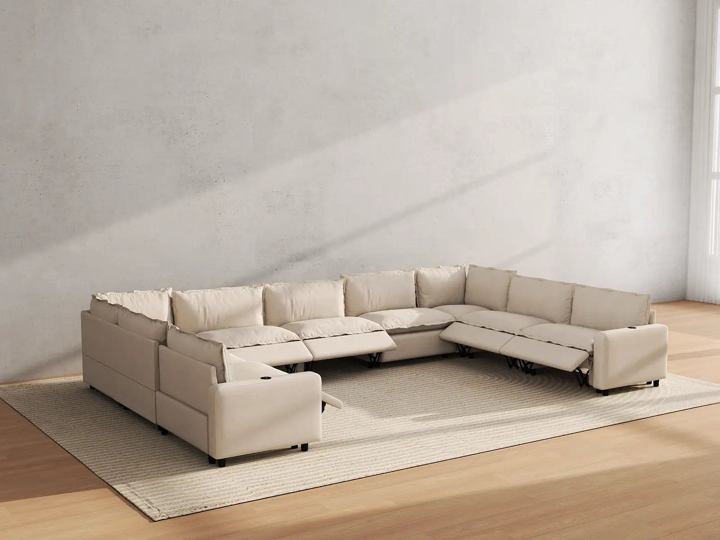Modular Cero Reclining Sectionals | 9-Piece Beige Linen Open Space U-Shaped Sectionals 9-Seater
