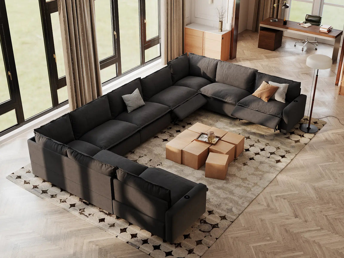 Modular Cero Reclining Sectionals | 9-Piece Grey Linen Grand Estate U-Shaped Sectionals 9-Seater