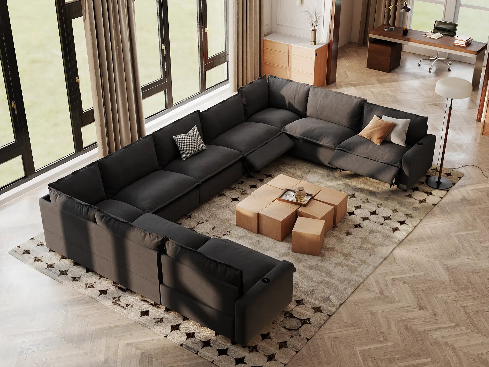 Modular Cero Couch Sectional with Recliner | 9-Piece Grey Linen Grand Estate U-Shaped Sectionals 9-Seater
