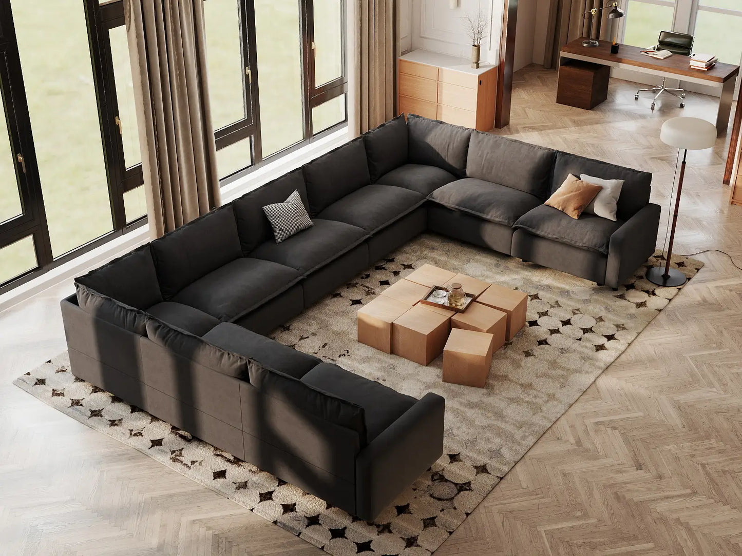 Modular Cero Modular Sectionals | 9-Piece Grey Linen Grand Estate U-Shaped Sectionals 9-Seater