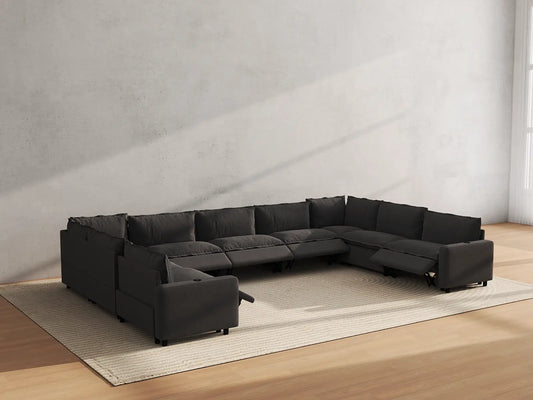 Modular Cero Reclining Sectionals | 9-Piece Grey Linen Grand Estate U-Shaped Sectionals 9-Seater