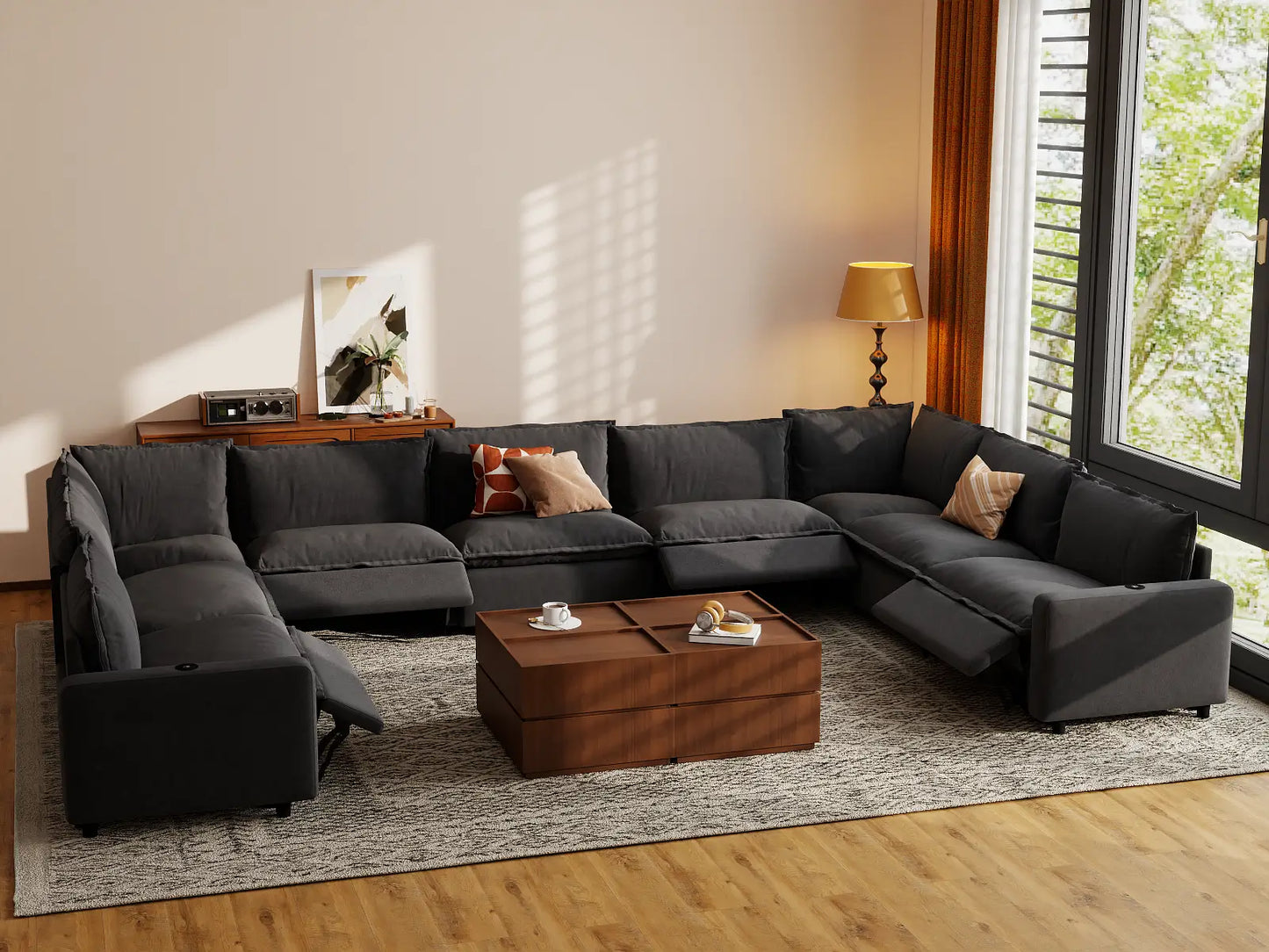 Modular Cero Reclining Sectionals | 9-Piece Grey Linen Grand Estate U-Shaped Sectionals 9-Seater