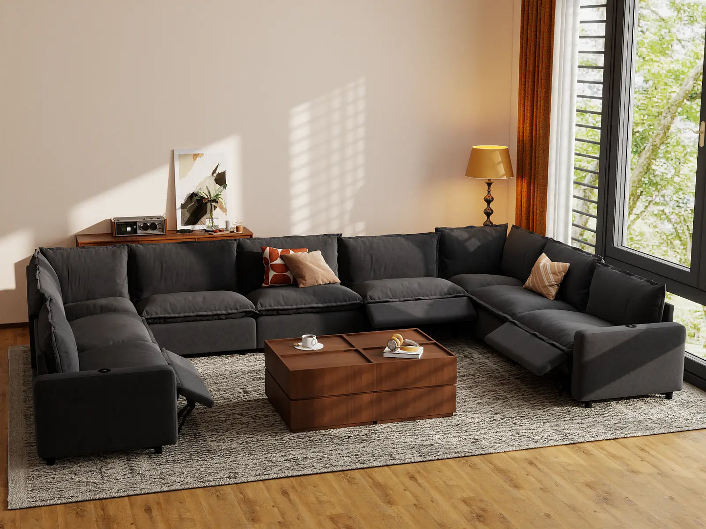 Modular Cero Reclining Sectionals | 9-Piece Grey Linen Grand Estate U-Shaped Sectionals 9-Seater
