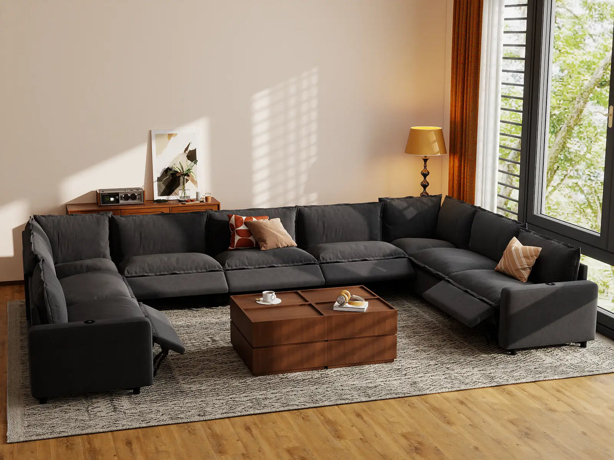 Modular Cero Reclining Sectionals | 9-Piece Grey Linen Open Space U-Shaped Sectionals 9-Seater