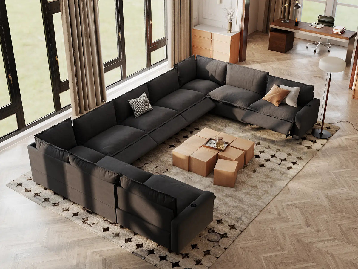 Modular Cero Reclining Sectionals | 9-Piece Grey Linen Open Space U-Shaped Sectionals 9-Seater