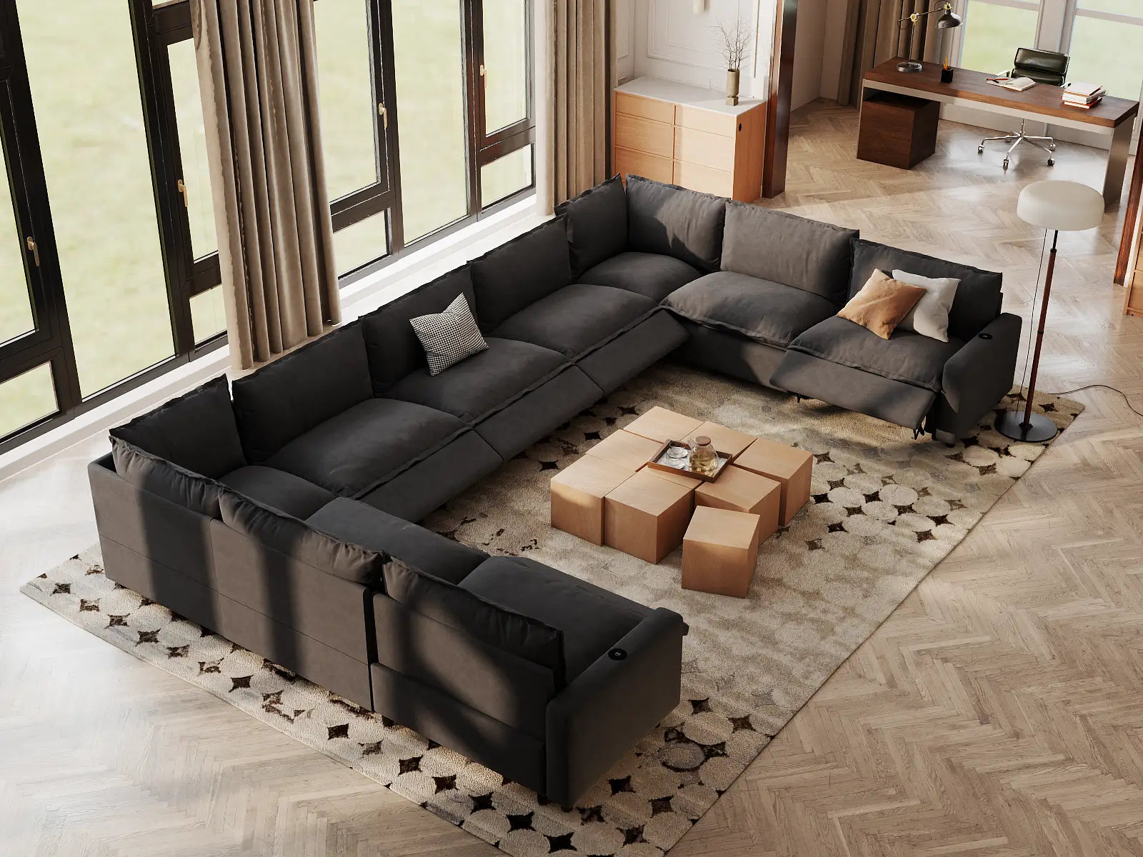 Modular Cero Oversized Sectional Couch with Recliner | 9-Piece Grey Linen Open Space U-Shaped Sectionals 9-Seater