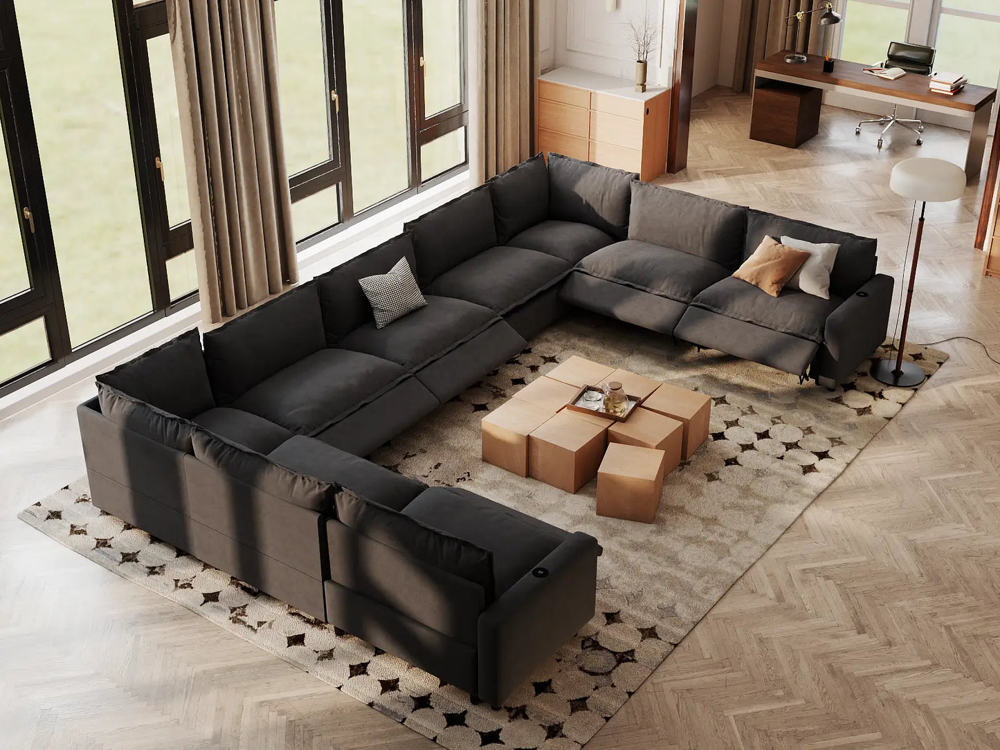 Modular Cero Reclining Sectionals | 9-Piece Grey Linen Open Space U-Shaped Sectionals 9-Seater