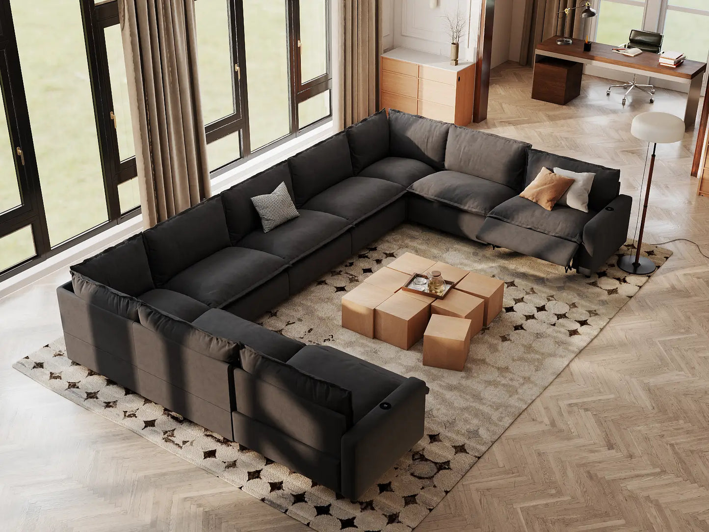 Modular Cero Reclining Sectionals | 9-Piece Grey Linen Open Space U-Shaped Sectionals 9-Seater