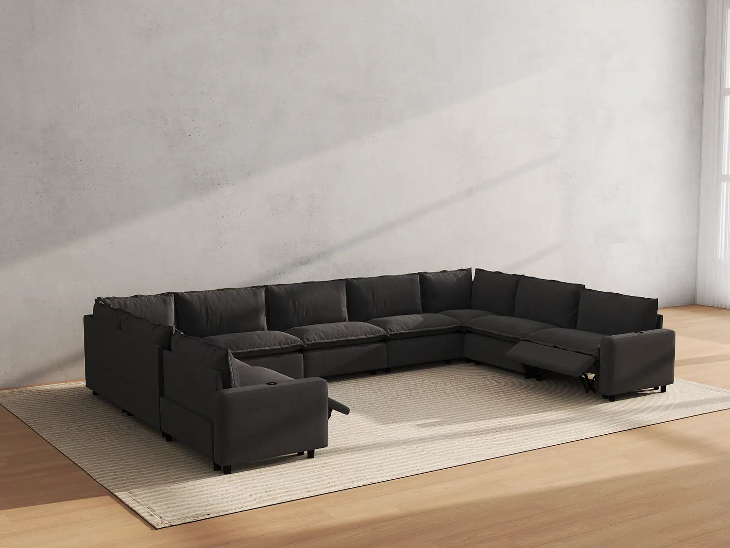 Modular Cero Reclining Sectionals | 9-Piece Grey Linen Open Space U-Shaped Sectionals 9-Seater