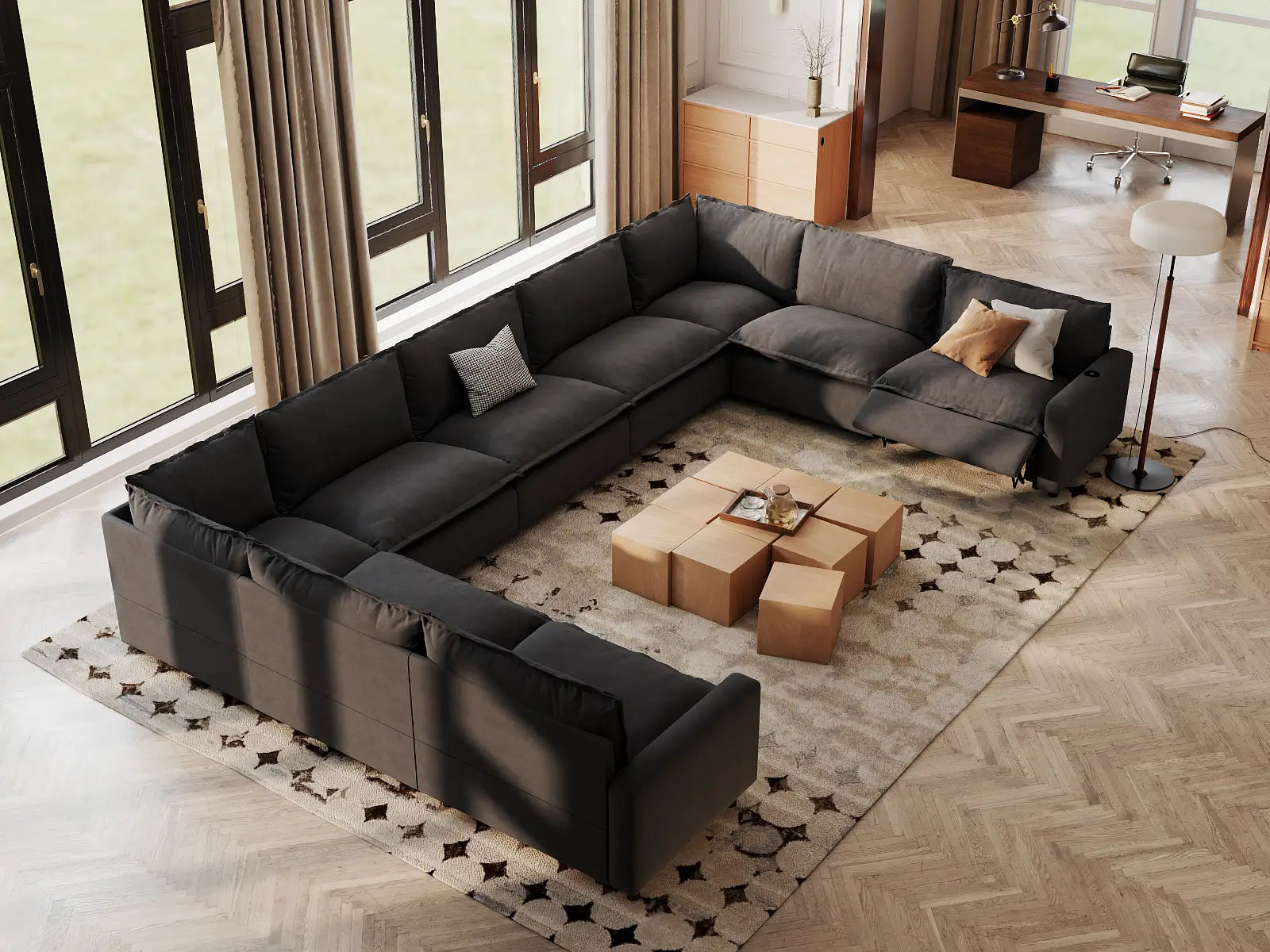 Modular Cero Sectional Couch Recliner | 9-Piece Grey Linen Open Space U-Shaped Sectionals 9-Seater