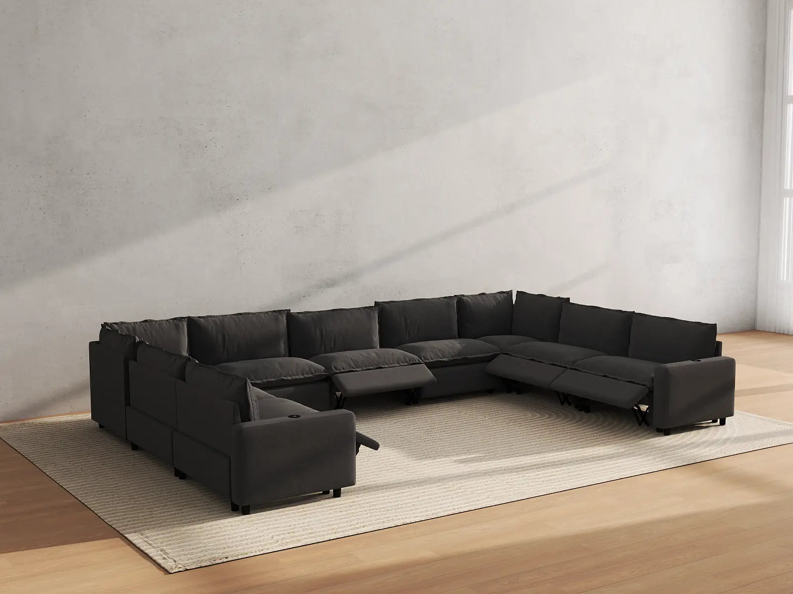 Modular Cero Reclining Sectionals | 9-Piece Grey Linen Open Space U-Shaped Sectionals 9-Seater