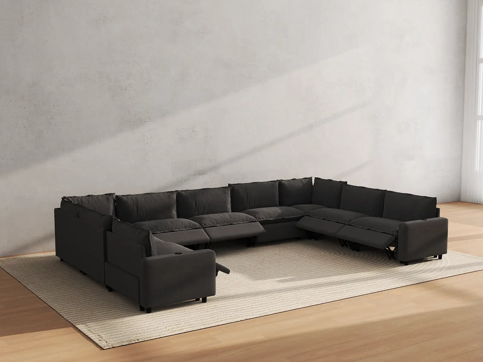 Modular Cero Oversized Sectional Couch with Recliner | 9-Piece Grey Linen Open Space U-Shaped Sectionals 9-Seater