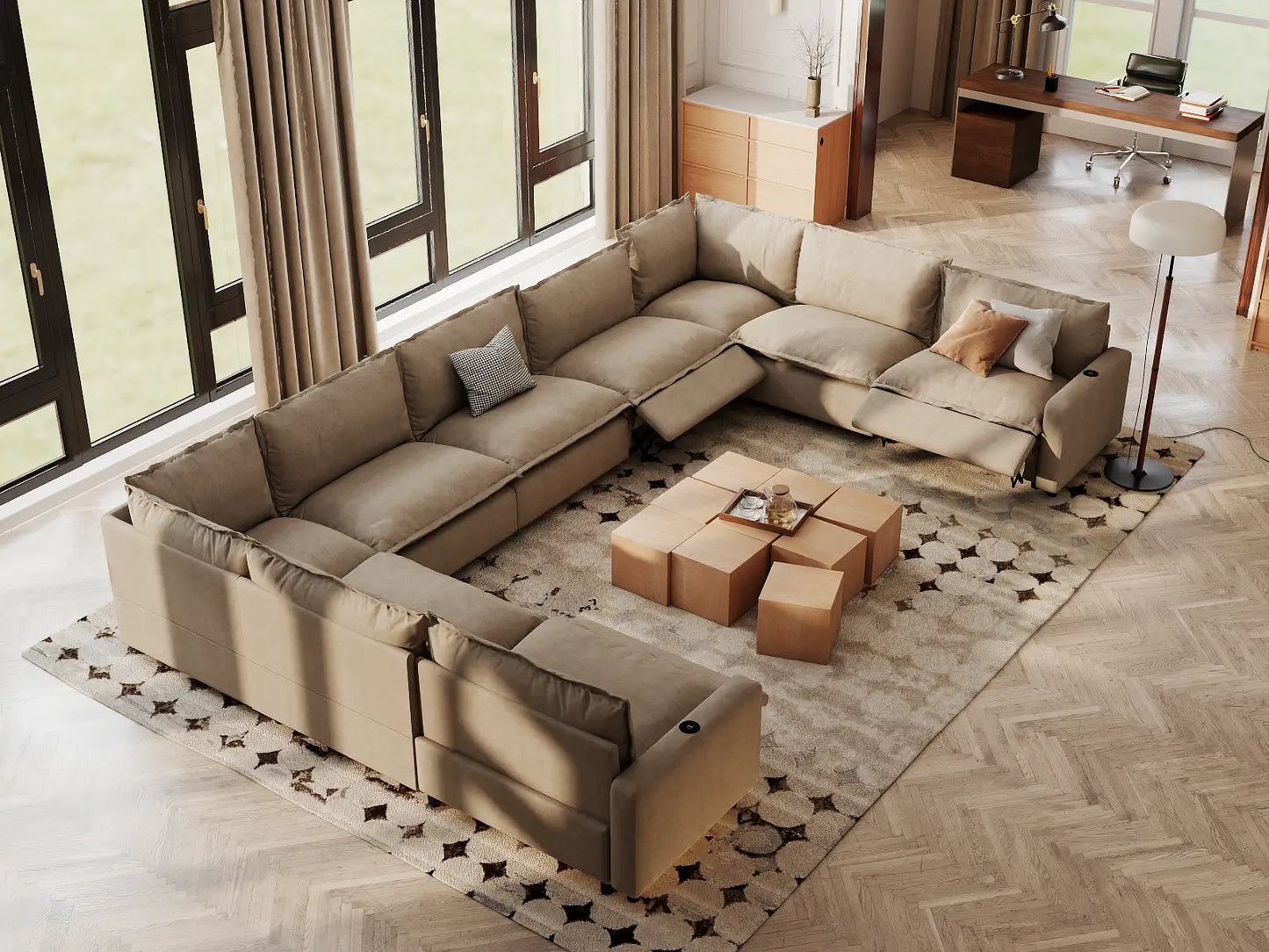 Modular Cero Reclining Sectionals | 9-Piece Khaki Linen Grand Estate U-Shaped Sectionals 9-Seater