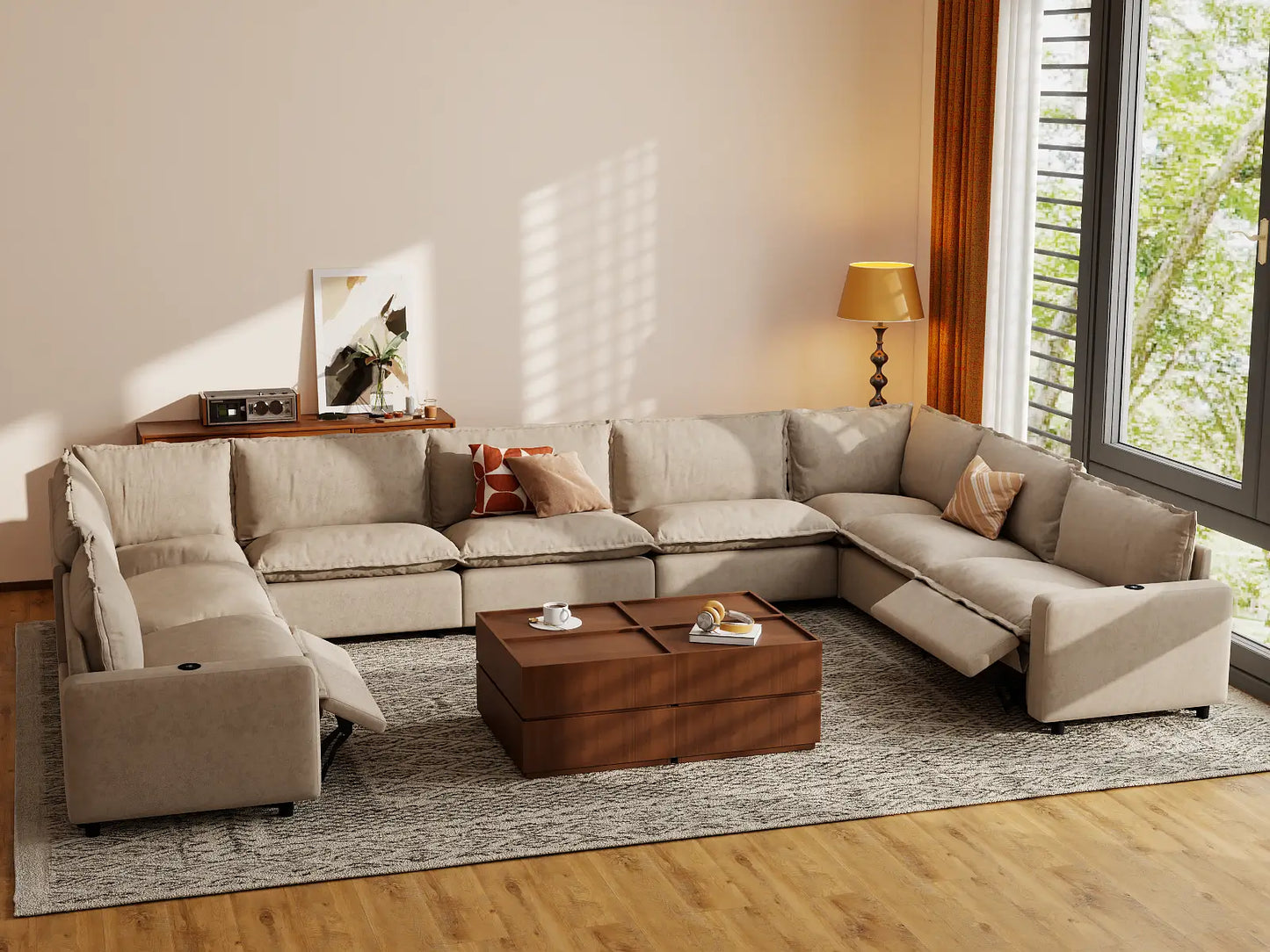 Modular Cero Reclining Sectionals | 9-Piece Khaki Linen Grand Estate U-Shaped Sectionals 9-Seater