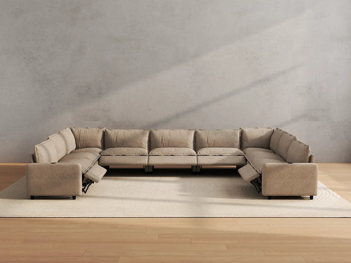 Modular Cero Reclining Sectionals | 9-Piece Khaki Linen Grand Estate U-Shaped Sectionals 9-Seater