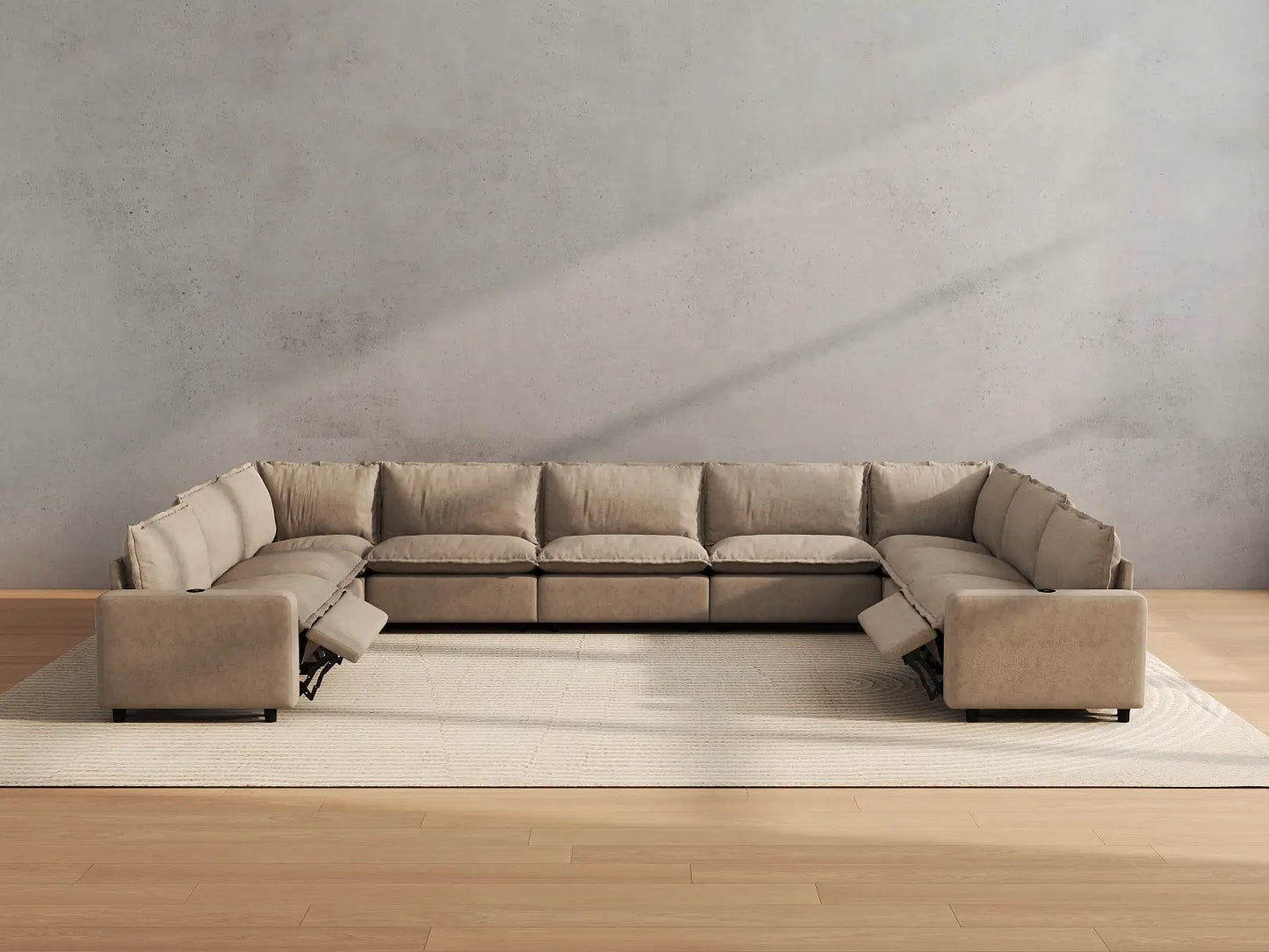 Modular Cero Reclining Sectionals | 9-Piece Khaki Linen Grand Estate U-Shaped Sectionals 9-Seater