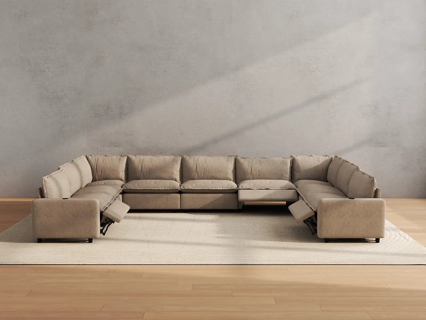 Modular Cero Reclining Sectionals | 9-Piece Khaki Linen Grand Estate U-Shaped Sectionals 9-Seater