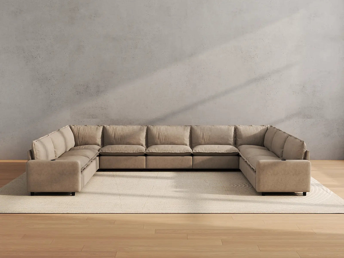 Modular Cero Reclining Sectionals | 9-Piece Khaki Linen Grand Estate U-Shaped Sectionals 9-Seater