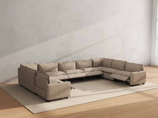 Modular Cero Reclining Sectionals | 9-Piece Khaki Linen Grand Estate U-Shaped Sectionals 9-Seater