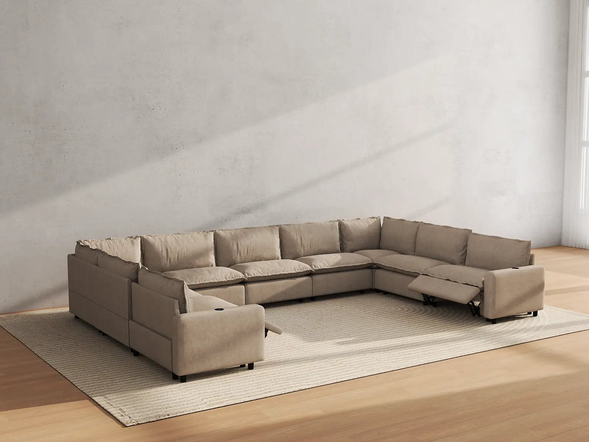 Modular Cero Reclining Sectionals | 9-Piece Khaki Linen Grand Estate U-Shaped Sectionals 9-Seater