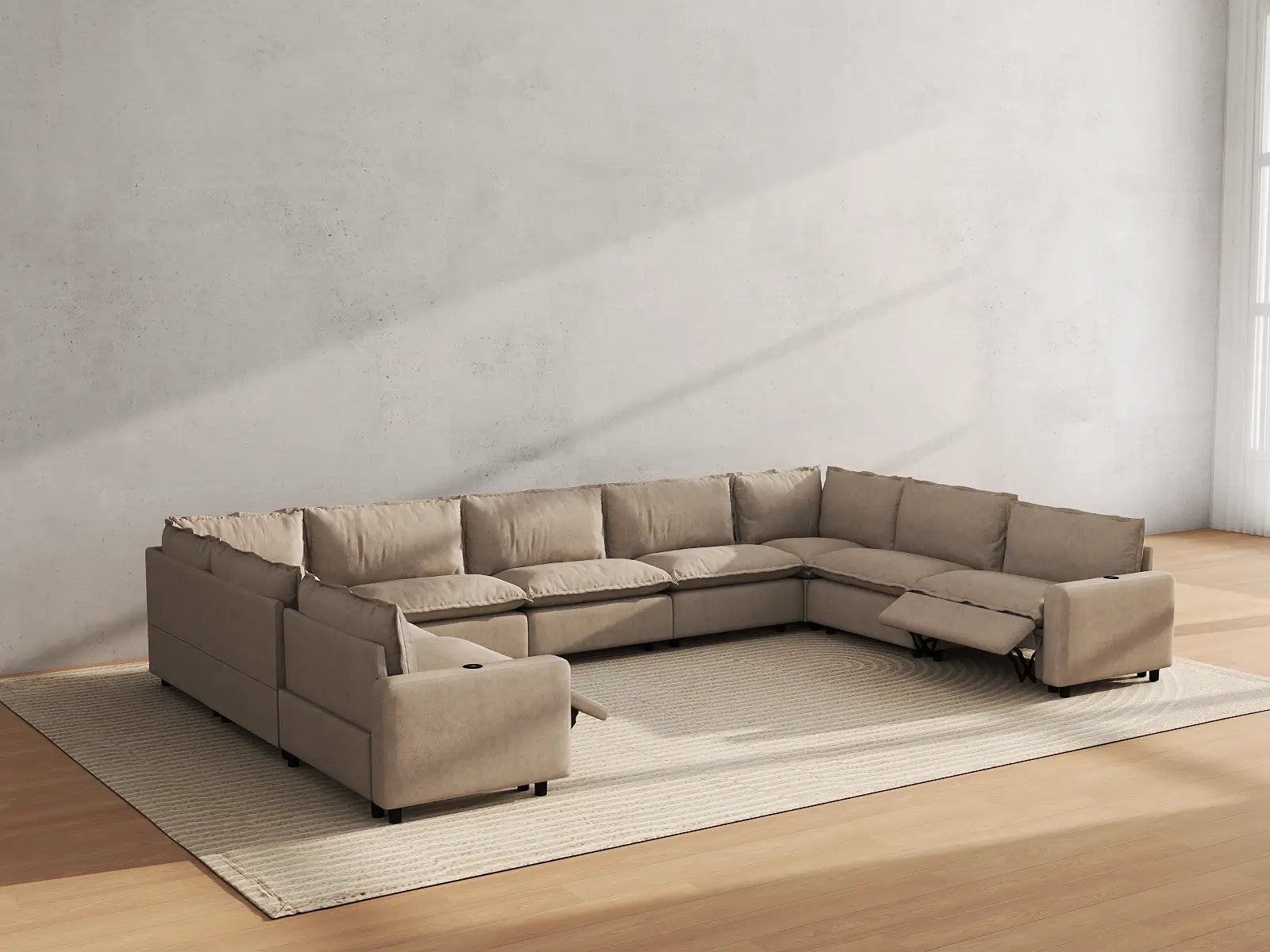 Modular Cero Recliner Couch Sectional | 9-Piece Khaki Linen Grand Estate U-Shaped Sectionals 9-Seater