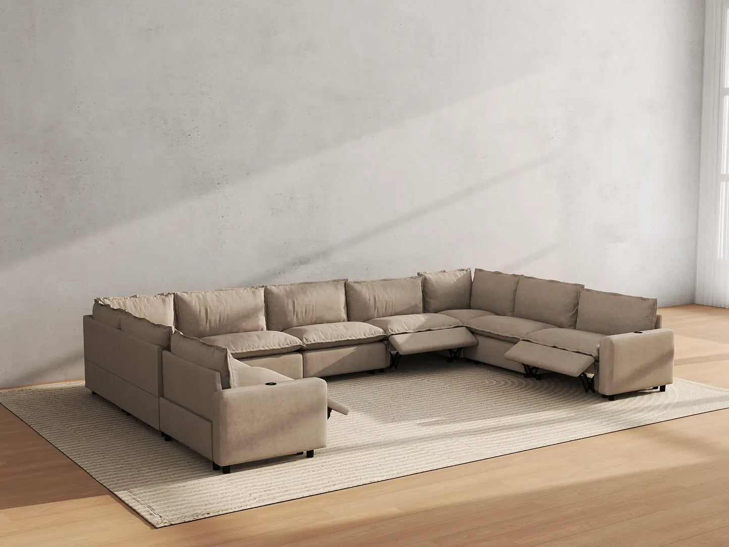 Modular Cero Reclining Sectionals | 9-Piece Khaki Linen Grand Estate U-Shaped Sectionals 9-Seater