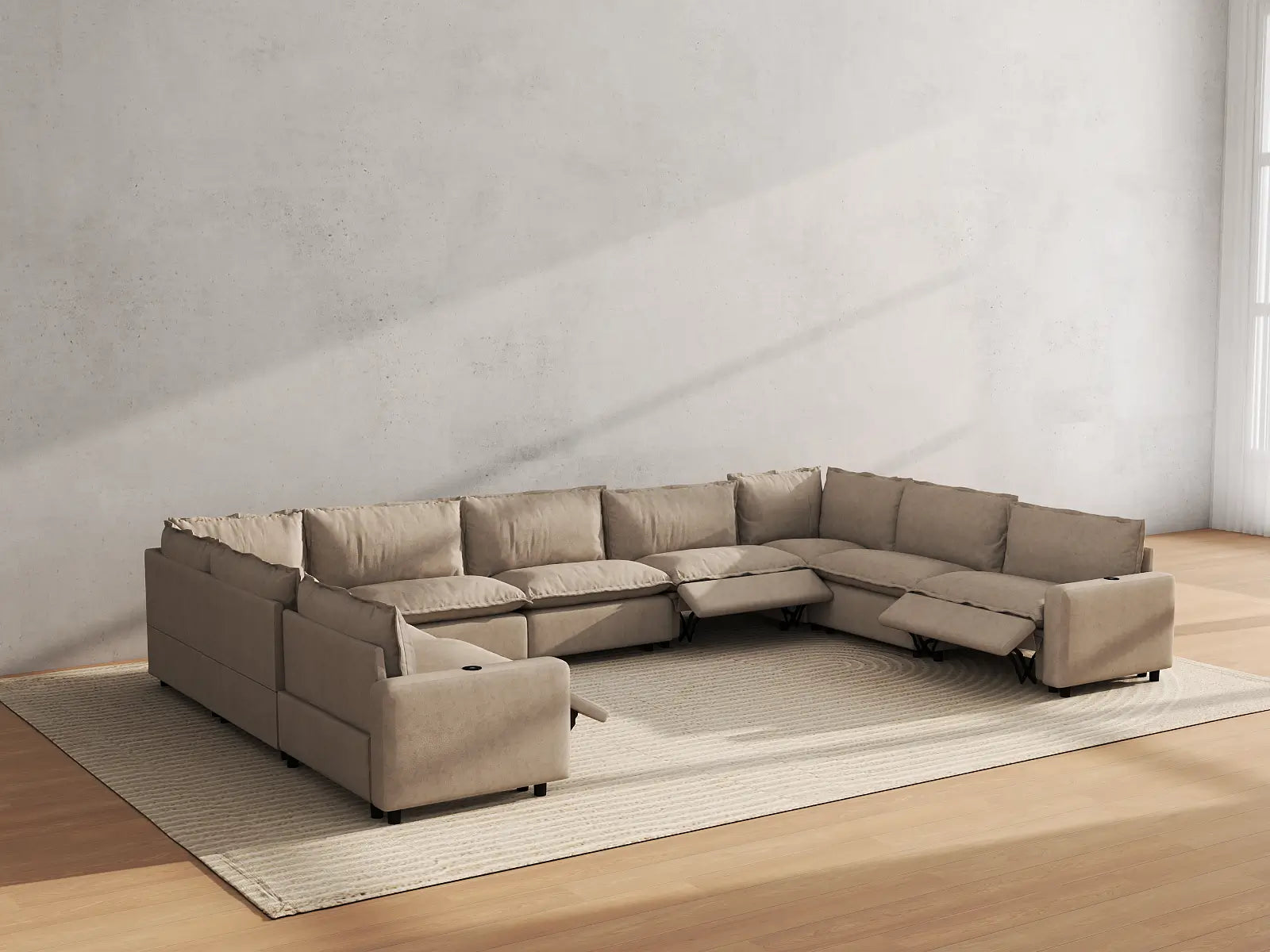 Modular Cero Reclining Sectional Couch for Sale | 9-Piece Khaki Linen Grand Estate U-Shaped Sectionals 9-Seater