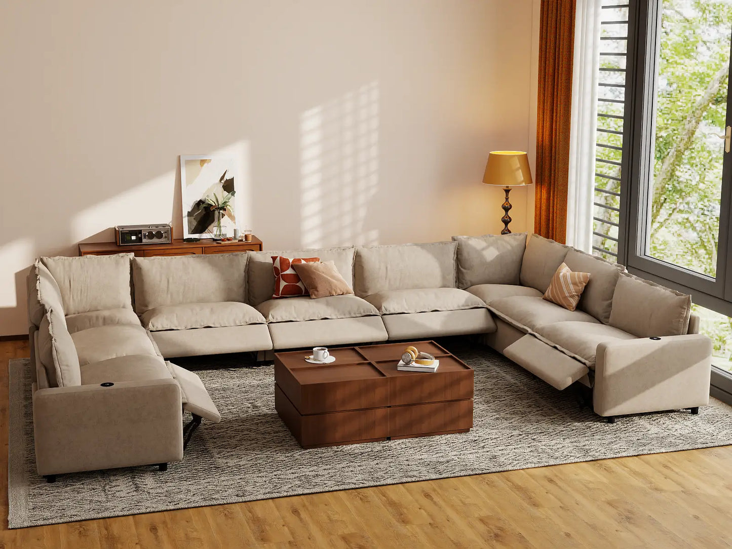 Modular Cero Reclining Sectionals | 9-Piece Khaki Linen Grand Estate U-Shaped Sectionals 9-Seater
