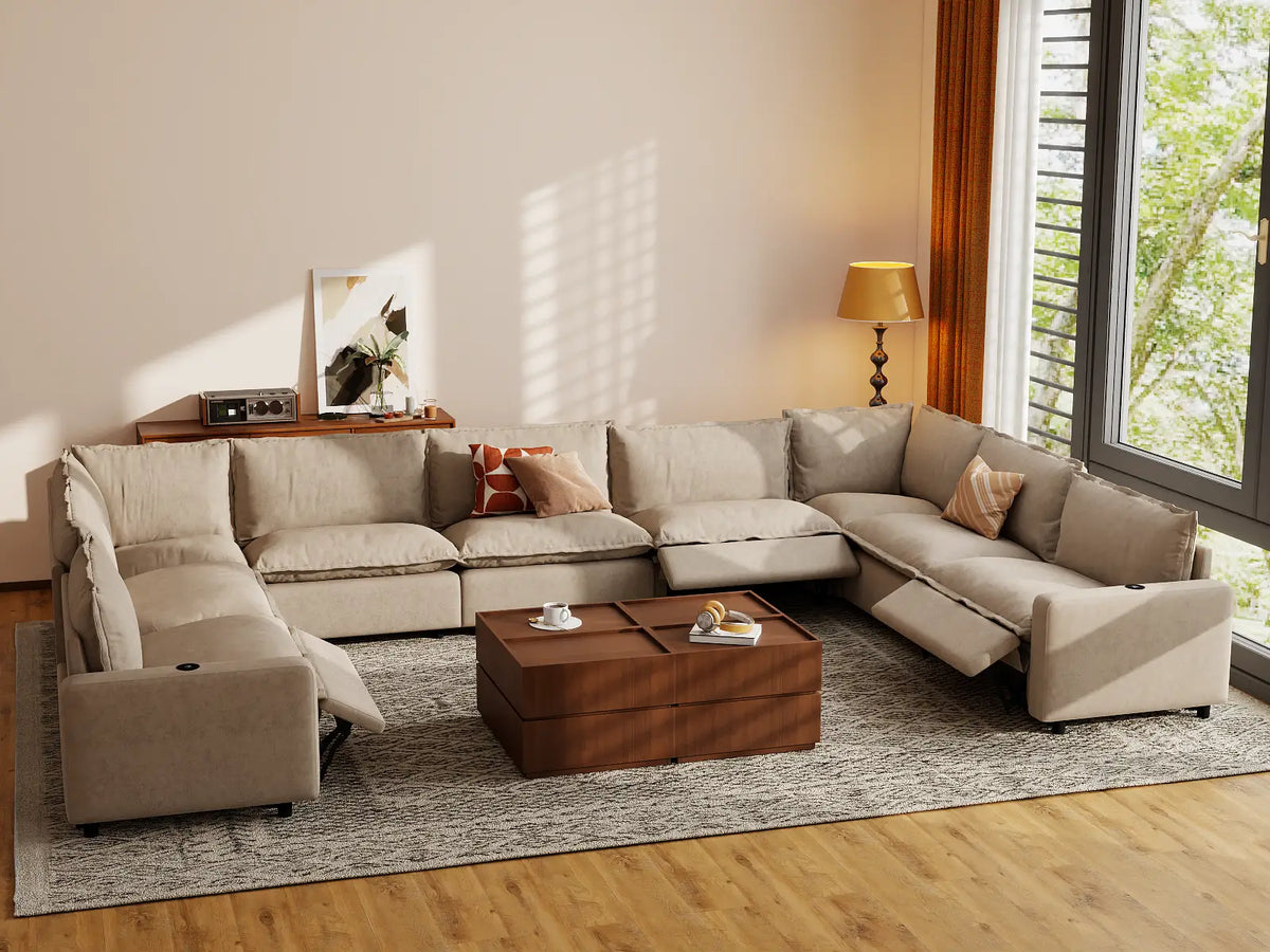 Modular Cero Reclining Sectionals | 9-Piece Khaki Linen Grand Estate U-Shaped Sectionals 9-Seater
