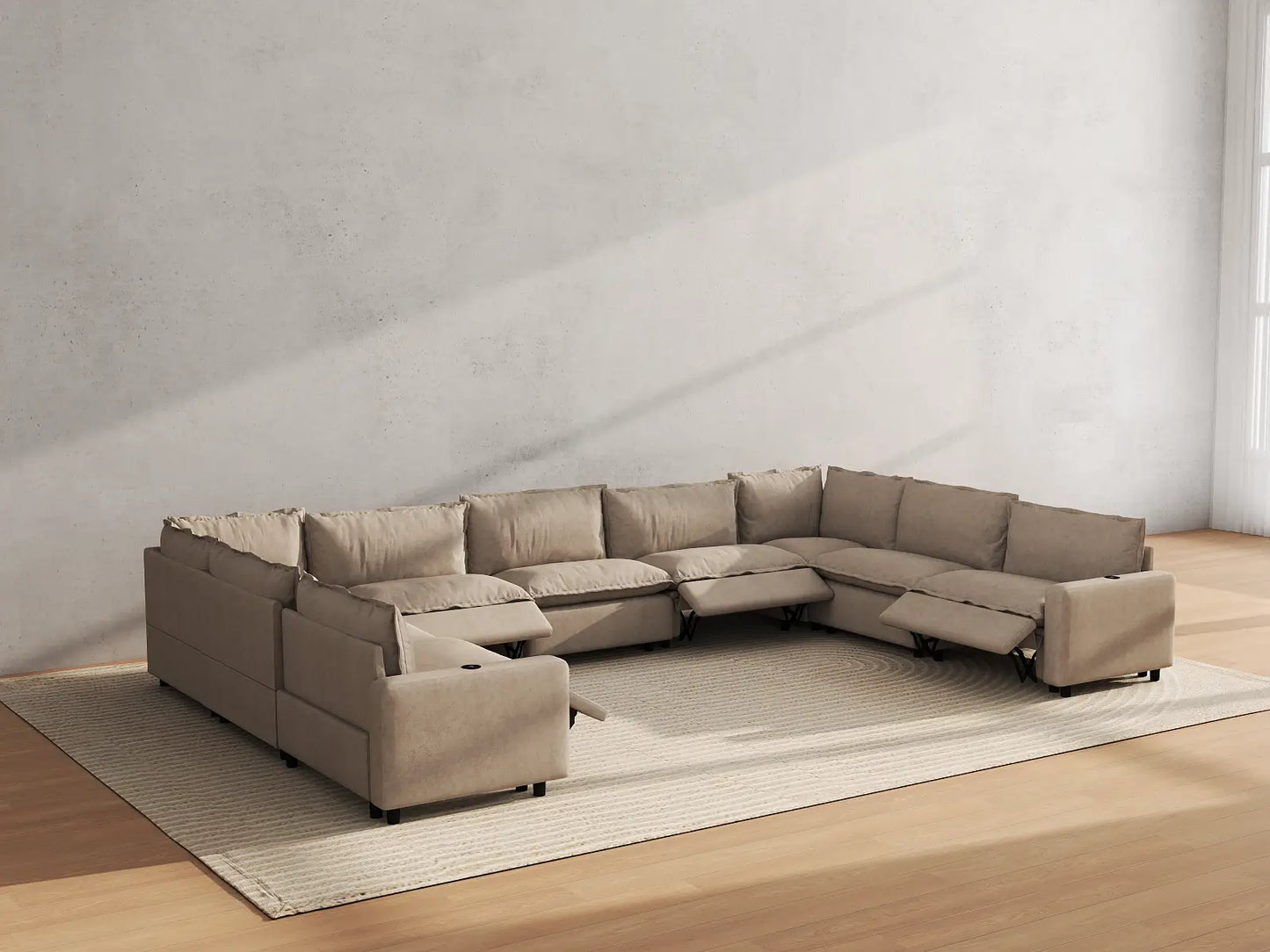 Modular Cero Reclining Sectionals | 9-Piece Khaki Linen Open Space U-Shaped Sectionals 9-Seater