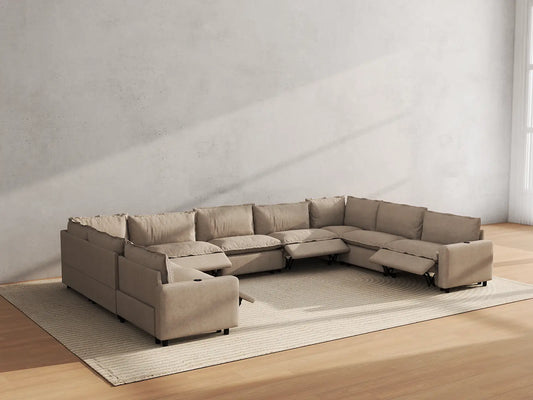 Modular Cero Reclining Sectionals | 9-Piece Khaki Linen Open Space U-Shaped Sectionals 9-Seater