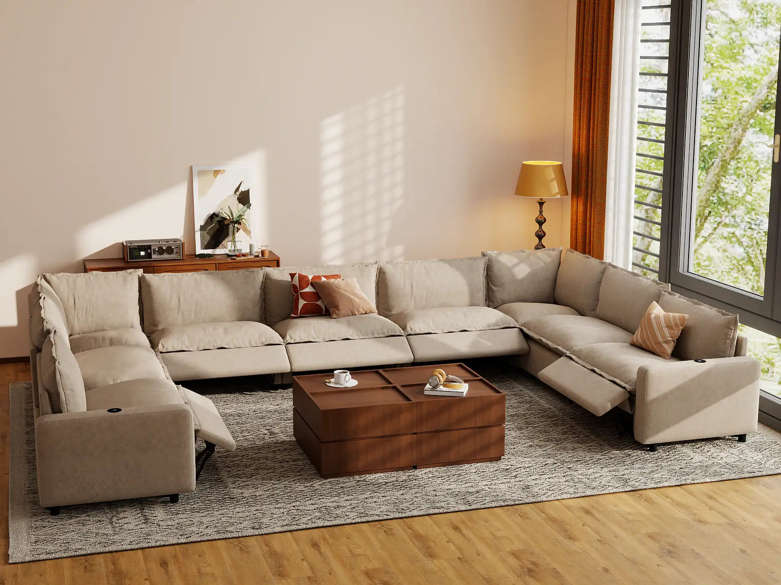 Modular Cero Couch Sectional with Recliner | 9-Piece Khaki Linen Open Space U-Shaped Sectionals 9-Seater
