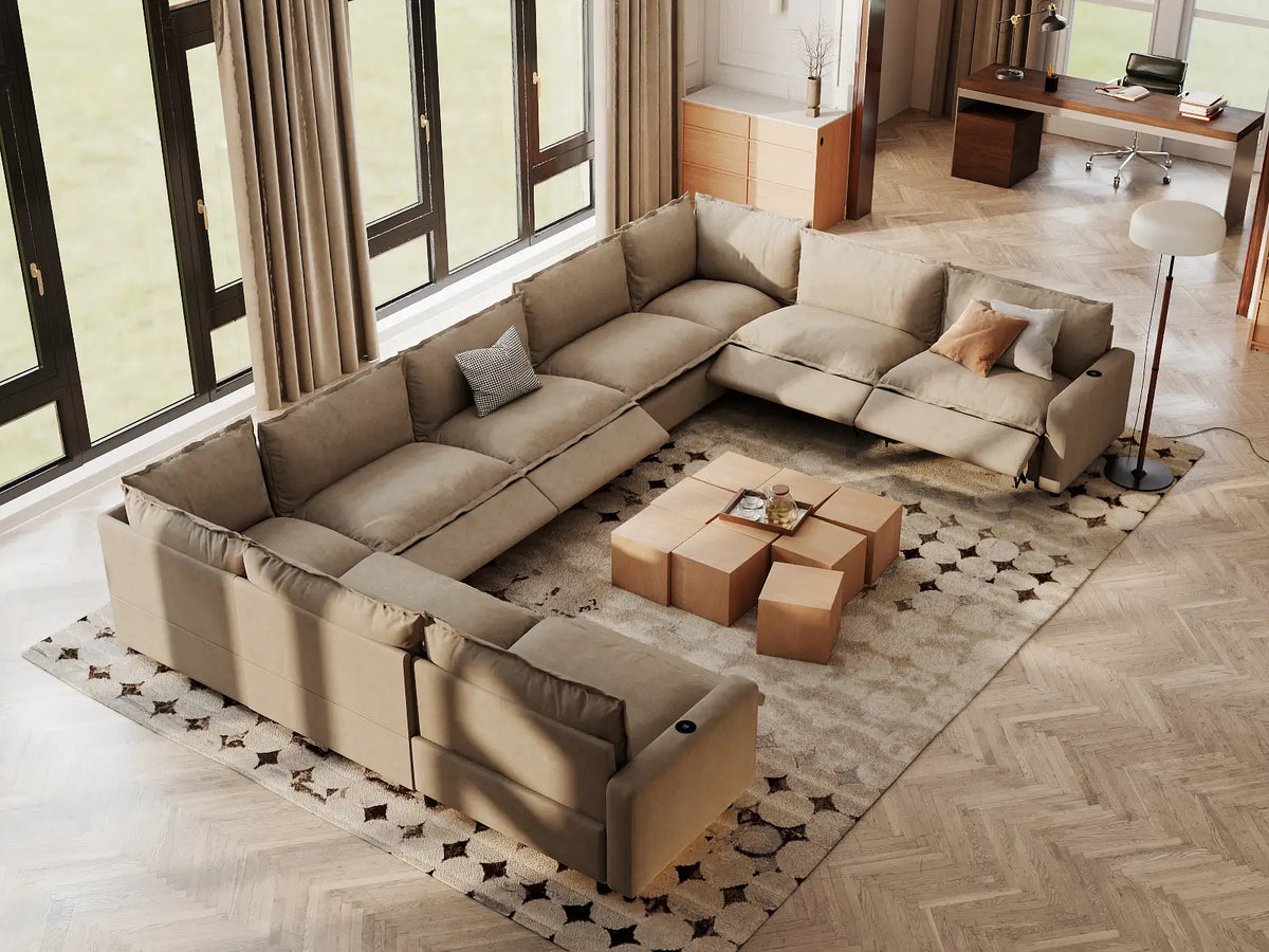Modular Cero Reclining Sectionals | 9-Piece Khaki Linen Open Space U-Shaped Sectionals 9-Seater